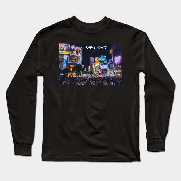 Japanese city pop art - Shibuya Crossing Hachikō-mae Square Shibuya ward Tokyo Metropolis Japan in Japanese language Long Sleeve T-Shirt by FOGSJ